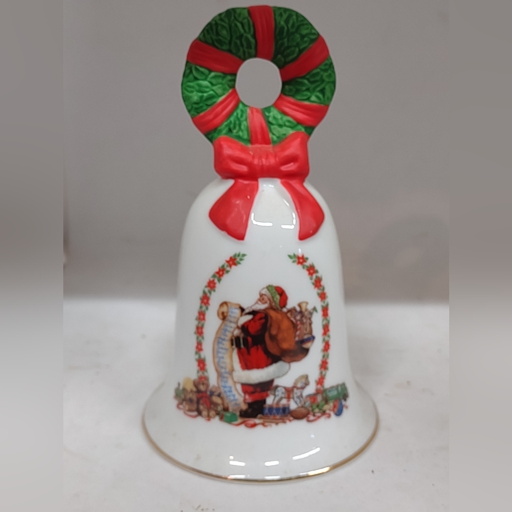 Avon Collectible Bell 1995 W/ Top Wreath Red Ribbon and Santa Reading List 5.5"h